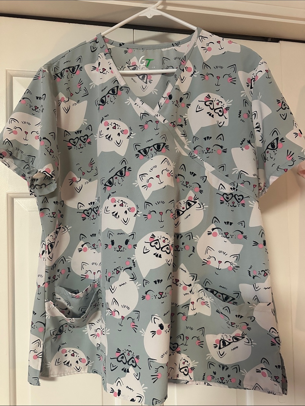 Cat Print V-Neck Scrub Top - Grey with Pink Accents